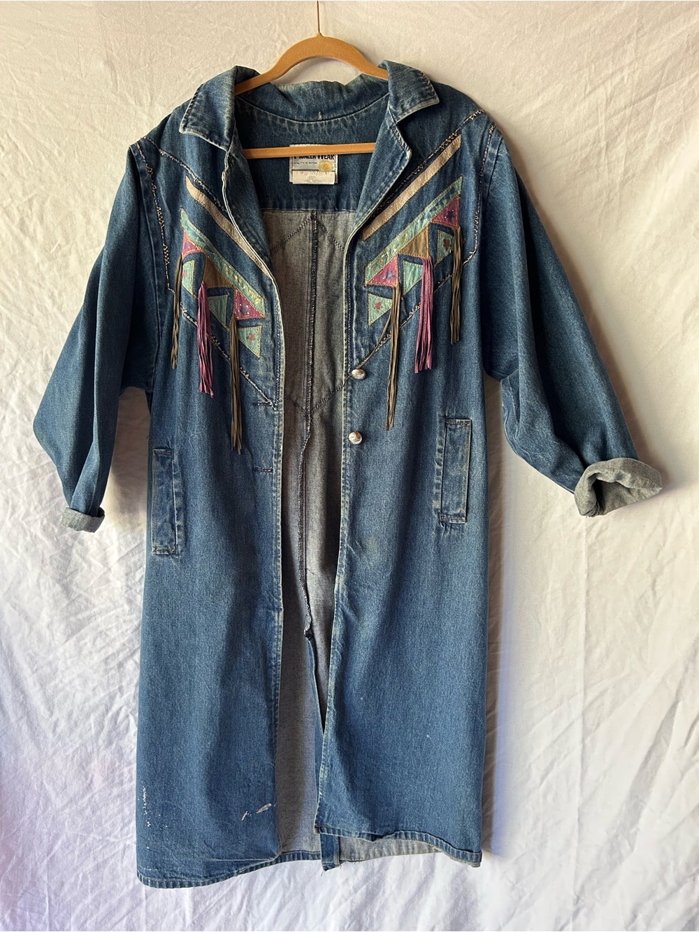 Vintage Denim Western Duster Coat with Fringed Geometric Embroidery - Blue